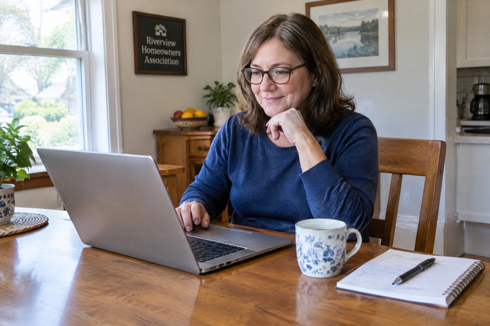 De penningmeester aan de keukentafel, laptop open, zonder stapel papier