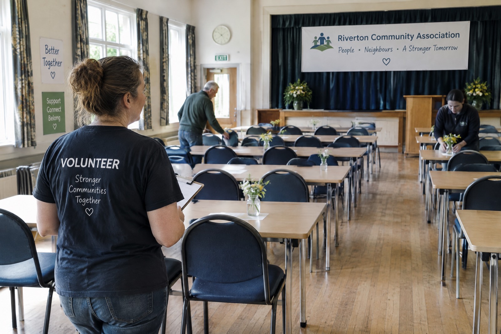 Een zaal die wordt klaargezet, tafels en stoelen in rijen
